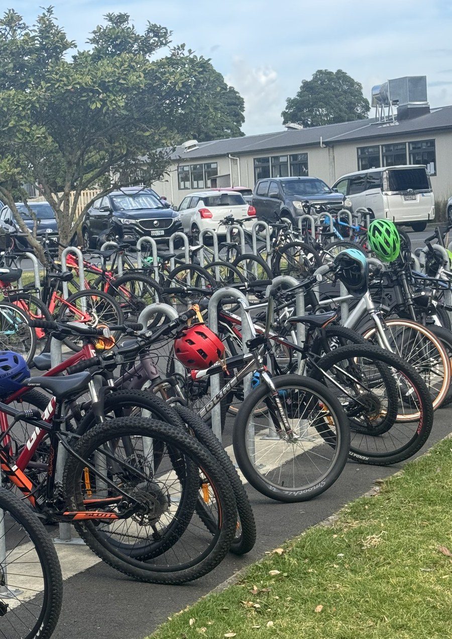 Le rastrelliere piene di biciclette davanti a una scuola in Nuova Zelanda