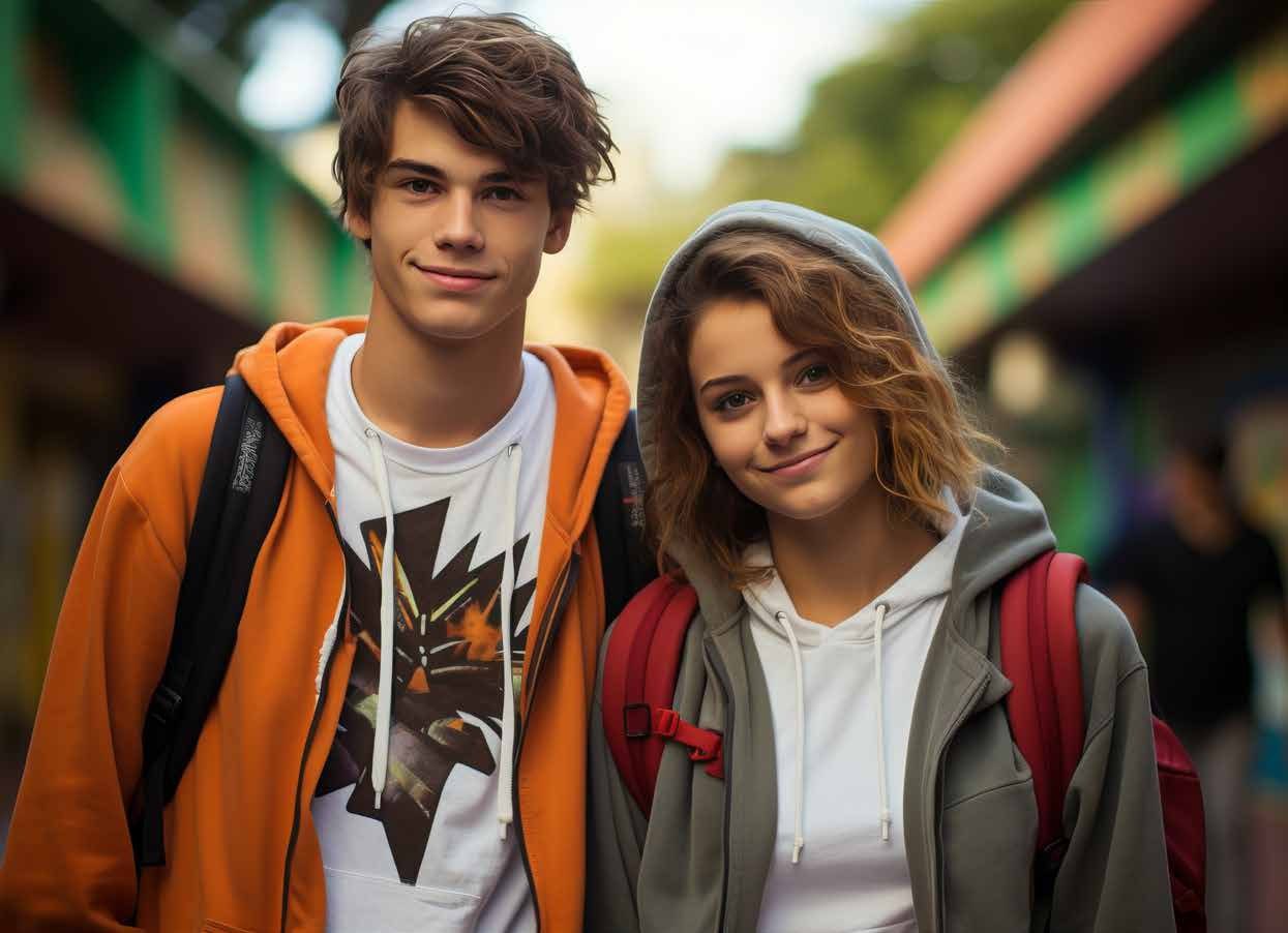 Due studenti con lo zaino davanti alla scuola
