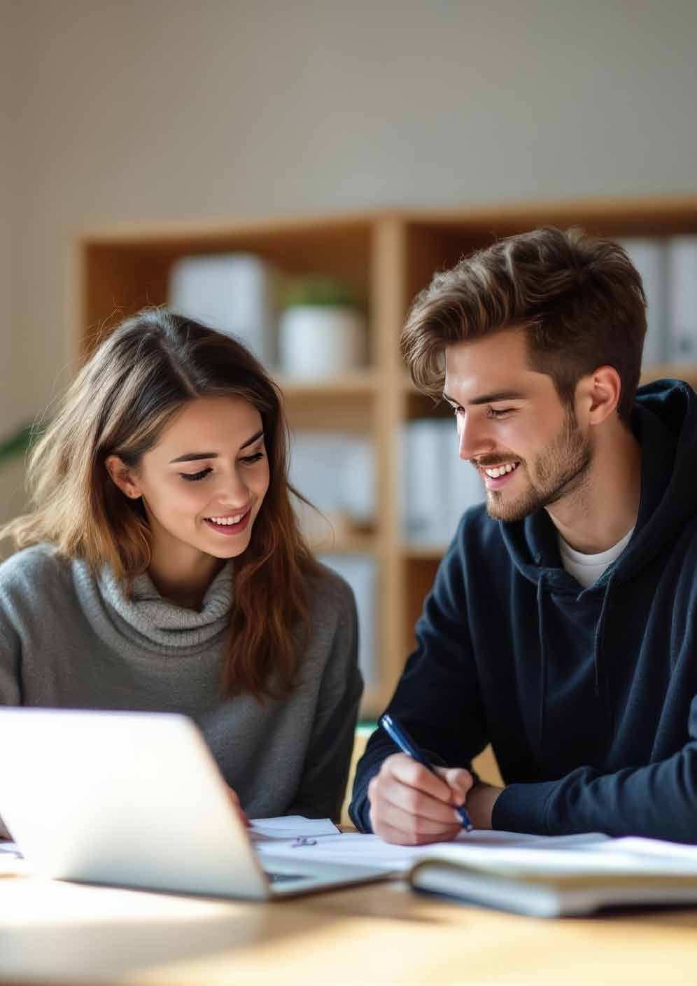 Due studenti compilano insieme una domanda di ammissione al laptop